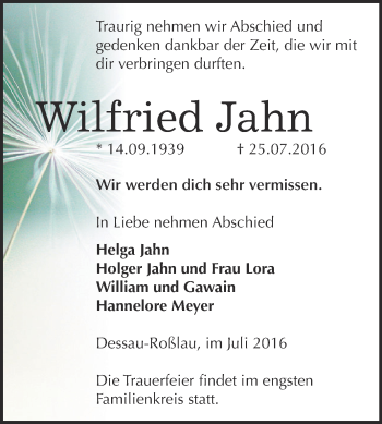 Traueranzeige von Wilfried Jahn von WVG - Wochenspiegel Dessau / Köthen
