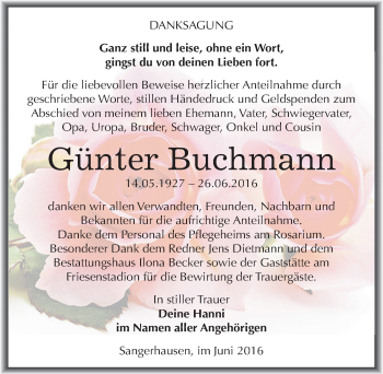 Traueranzeige von Günter Buchmann von Mitteldeutsche Zeitung Sangerhausen