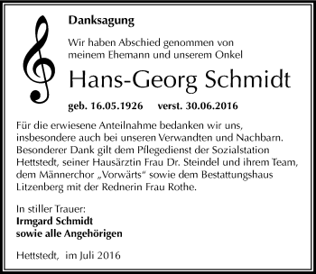 Traueranzeige von Hans-Georg Schmidt von Mitteldeutsche Zeitung Mansfelder Land