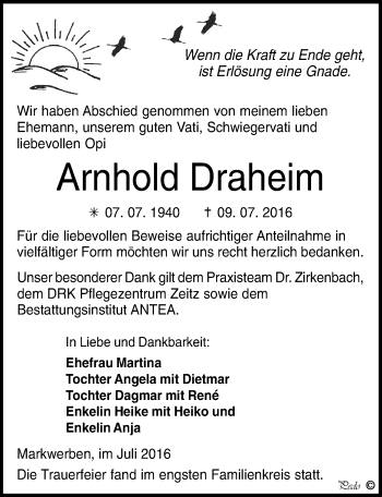 Traueranzeige von Arnhold Draheim von Mitteldeutsche Zeitung Weißenfels