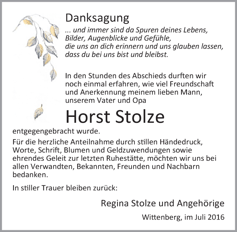  Traueranzeige für Horst Stolze vom 09.07.2016 aus Mitteldeutsche Zeitung Wittenberg
