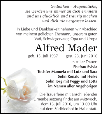 Traueranzeige von Alfred Mader von WVG - Wochenspiegel Dessau / Köthen