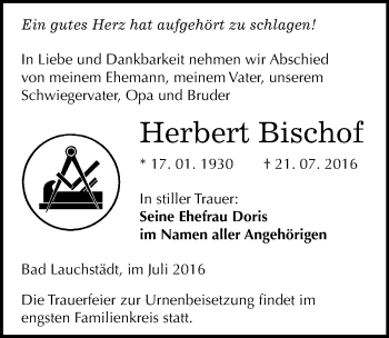 Traueranzeige von Herbert Bischof von Mitteldeutsche Zeitung Merseburg/Querfurt