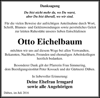 Traueranzeige von Otto Eichelbaum von Mitteldeutsche Zeitung Wittenberg
