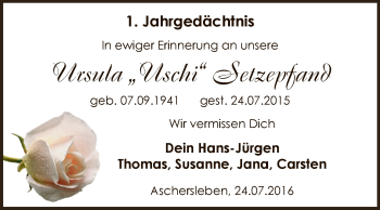 Traueranzeige von Ursula Setzepfand von Super Sonntag Aschersleben
