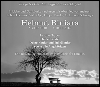 Traueranzeige von Helmut Biniara von Mitteldeutsche Zeitung Dessau-Roßlau