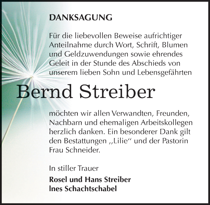 Traueranzeige für Bernd Streiber vom 23.07.2016 aus Mitteldeutsche Zeitung Dessau-Roßlau