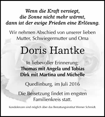 Traueranzeige von Doris Hantke von WVG - Wochenspiegel Quedlinburg