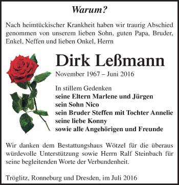 Traueranzeige von Dirk Leßmann von Mitteldeutsche Zeitung Zeitz
