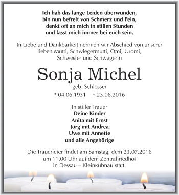 Traueranzeige von Sonja Michel von Mitteldeutsche Zeitung Dessau-Roßlau
