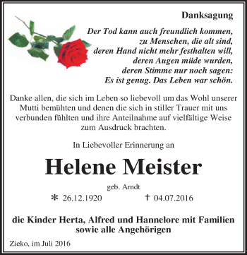 Traueranzeige von Helene Meister von Mitteldeutsche Zeitung Wittenberg