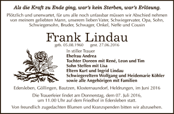 Traueranzeige von Frank Lindau von Super Sonntag SGH Mansf. Land