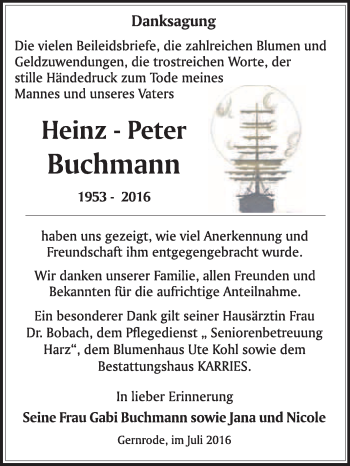 Traueranzeige von Heinz-Peter Buchmann von WVG - Wochenspiegel Quedlinburg