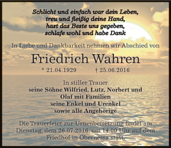 Traueranzeige von Friedrich Wahren von Mitteldeutsche Zeitung Weißenfels