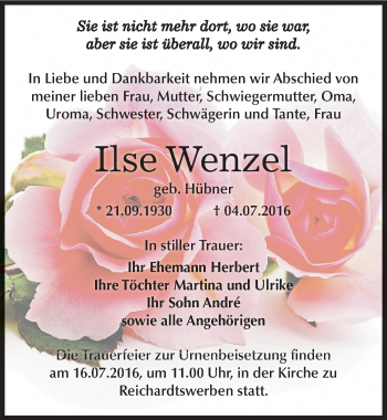 Traueranzeige von Ilse Wenzel von Mitteldeutsche Zeitung Weißenfels