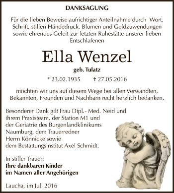 Traueranzeige von Ella Wenzel von WVG - Wochenspiegel NMB / WSF / ZTZ