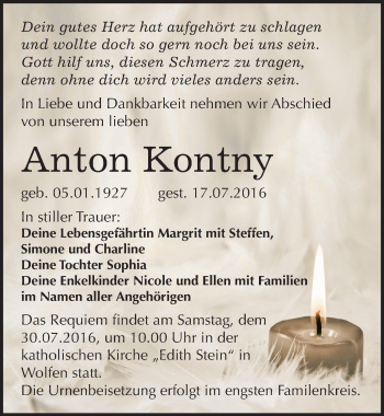 Traueranzeige von Anton Kontny von Mitteldeutsche Zeitung Bitterfeld