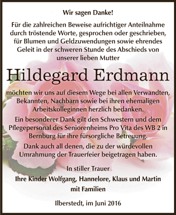 Traueranzeige von Hildegard Erdmann von Super Sonntag Bernburg