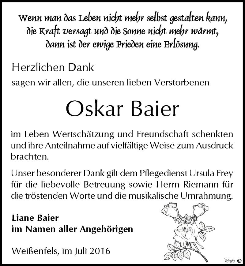  Traueranzeige für Oskar Baier vom 30.07.2016 aus Mitteldeutsche Zeitung Weißenfels