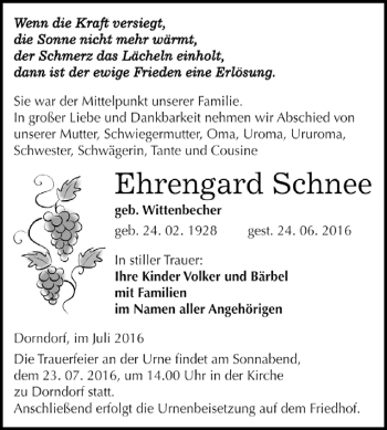 Traueranzeige von Ehrengard Schnee von WVG - Wochenspiegel NMB / WSF / ZTZ