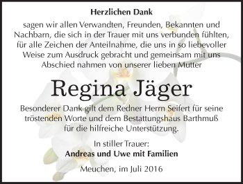 Traueranzeige von Regina Jäger von Mitteldeutsche Zeitung Weißenfels