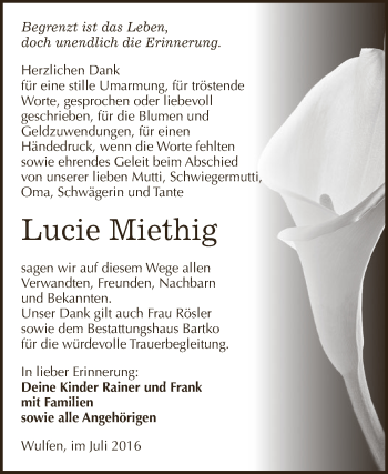 Traueranzeige von Lucie Miethig von WVG - Wochenspiegel Dessau / Köthen