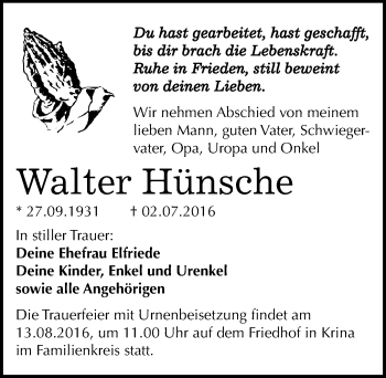 Traueranzeige von Walter Hünsche von Mitteldeutsche Zeitung Bitterfeld