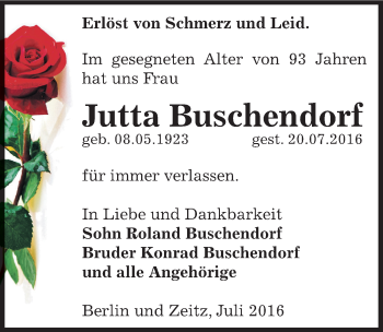 Traueranzeige von Jutta Buschendorf von Mitteldeutsche Zeitung Zeitz