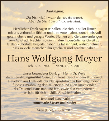Traueranzeige von Hans Wolfgang Meyer von WVG - Wochenspiegel Dessau / Köthen