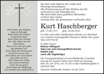 Traueranzeige von Kurt Haschberger von Mitteldeutsche Zeitung Merseburg/Querfurt