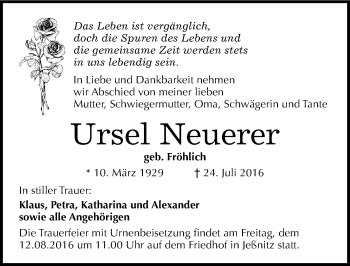 Traueranzeige von Ursel Neuerer von Mitteldeutsche Zeitung Bitterfeld