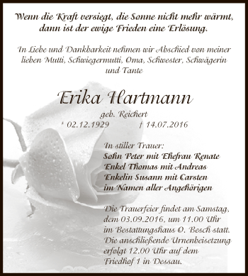 Traueranzeige von Erika Hartmann von WVG - Wochenspiegel Dessau / Köthen