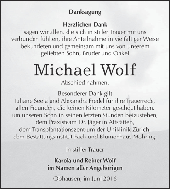 Traueranzeige von Michael Wolf von WVG - Wochenspiegel Merseburg