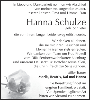 Traueranzeige von Hanna Schulze von Super Sonntag Bernburg