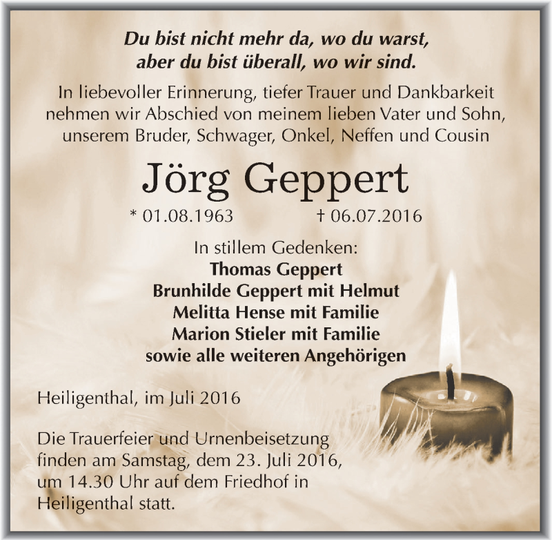  Traueranzeige für Jörg Geppert vom 16.07.2016 aus Mitteldeutsche Zeitung Mansfelder Land