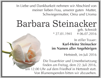 Traueranzeige von Barbara Steinacker von Wochenspiegel Mansfelder Land