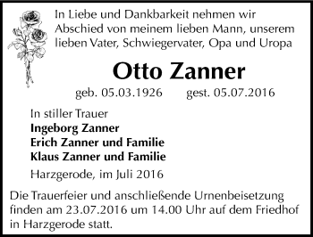 Traueranzeige von Otto Zanner von Mitteldeutsche Zeitung Quedlinburg