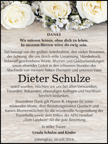 Traueranzeige von Dieter Schulze von WVG - Wochenspiegel Dessau / Köthen
