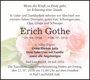 Traueranzeige von Erich Gothe von WVG - Wochenspiegel Merseburg