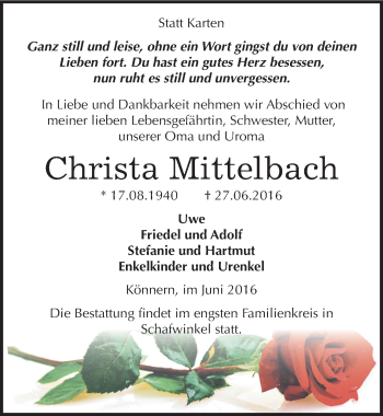 Traueranzeige von Christa Mittelbach von Mitteldeutsche Zeitung Bernburg