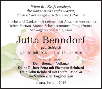 Traueranzeige von Jutta Benndorf von Mitteldeutsche Zeitung Merseburg/Querfurt