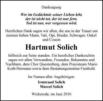 Traueranzeige von Hartmut Solich von Mitteldeutsche Zeitung Sangerhausen