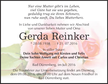 Traueranzeige von Gerda Reinker von Super Sonntag Merseburg