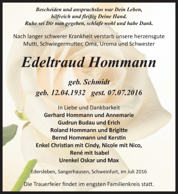 Traueranzeige von Edeltraud Hommann von Mitteldeutsche Zeitung Sangerhausen