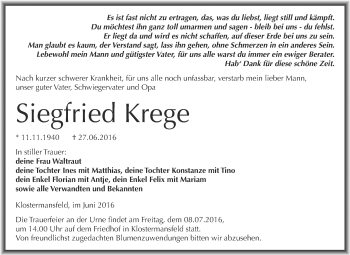 Traueranzeige von Siegfried Krege von Super Sonntag SGH Mansf. Land