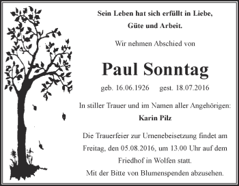 Traueranzeige von Paul Sonntag von WVG - Wochenspiegel Bitterfeld