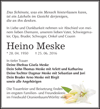 Traueranzeige von Heino Meske von Mitteldeutsche Zeitung Wittenberg