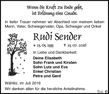 Traueranzeige von Rudi Sender von Mitteldeutsche Zeitung Weißenfels