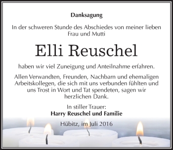 Traueranzeige von Elli Reuschel von Mitteldeutsche Zeitung Mansfelder Land