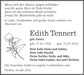 Traueranzeige von Edith Tennert von WVG - Wochenspiegel Bitterfeld